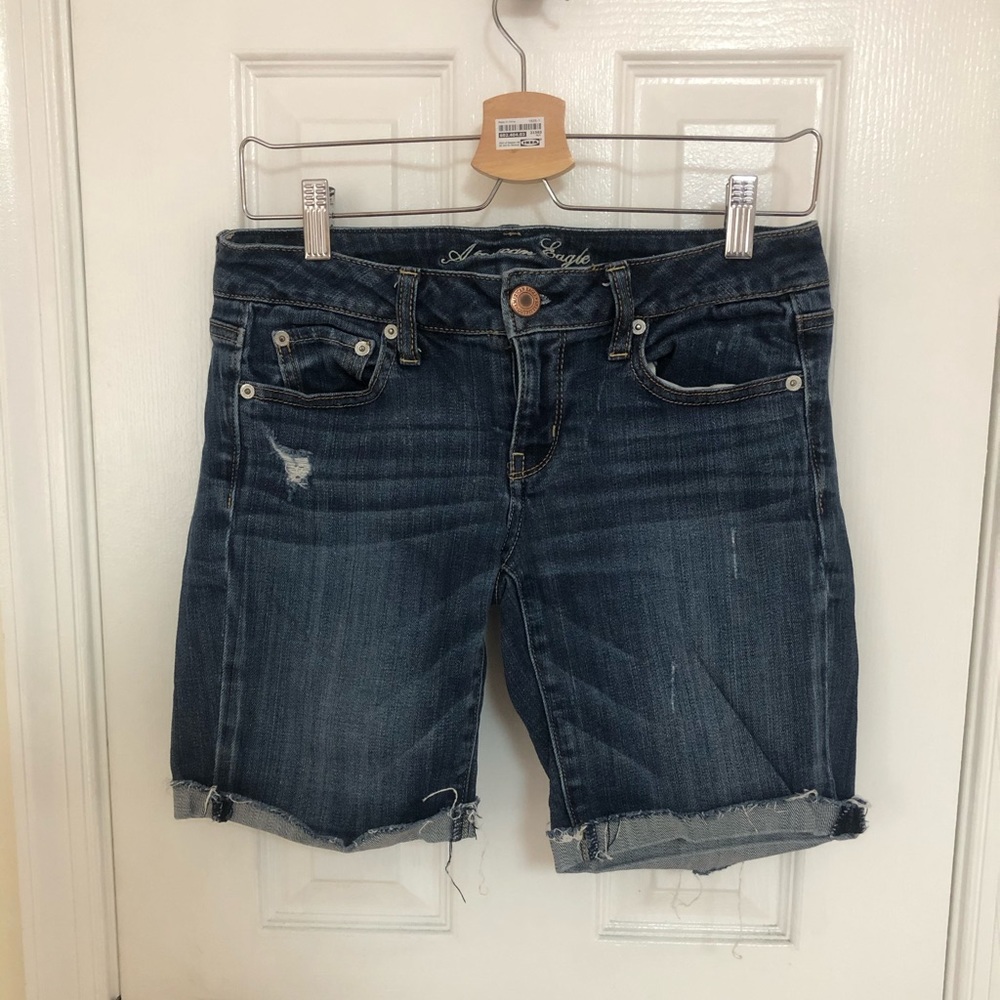 Dark Wash Distressed Mid-Rise Bermuda Jean Shorts